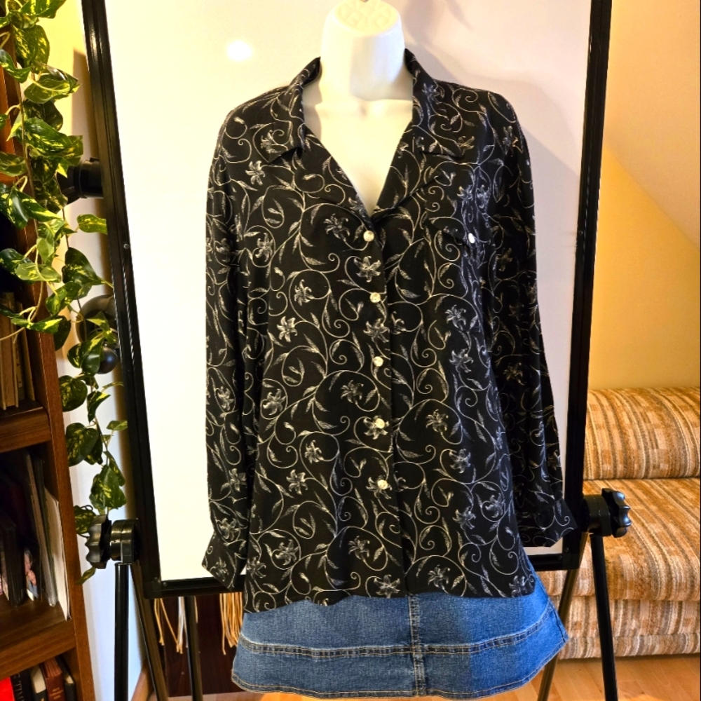 Vintage Esprit Black & White Print Long Sleeve Blouse Size XL